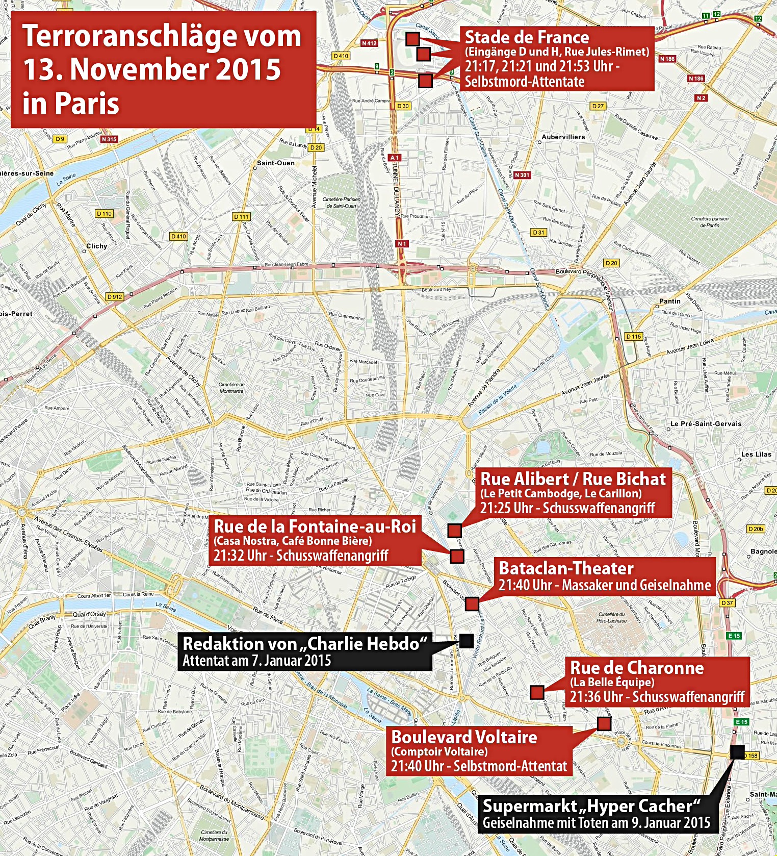 Karte der Anschlagsorte in Paris 2015